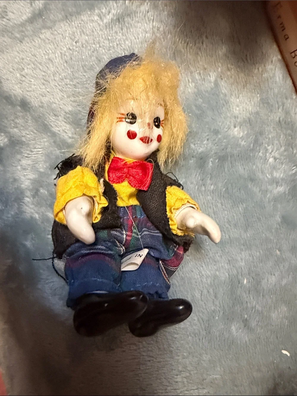 Small Clown Doll Plush with Yellow Hair and Blue Outfit